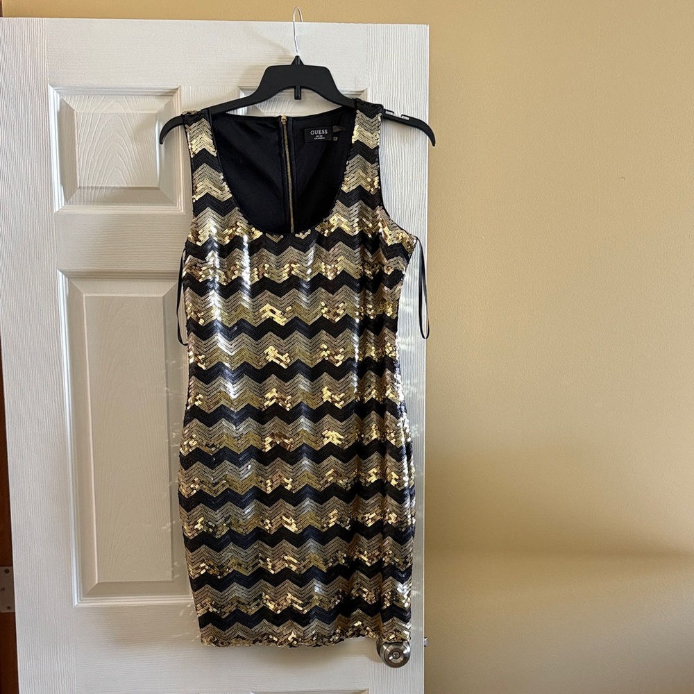 Guess Black and Gold Chevron Sequin Scoop Neck Mini Dress